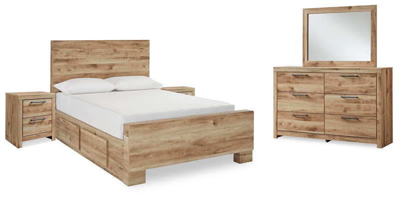 Hyanna Full Panel Bed with 1 Side Storage, Dresser, Mirror and 2 Nightstands in Tan Brown - PKG015362