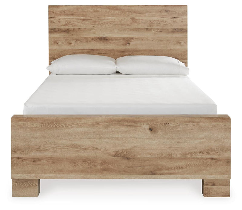 Hyanna Full Panel Bed with 1 Side Storage, Dresser, Mirror and 2 Nightstands in Tan Brown - PKG015362