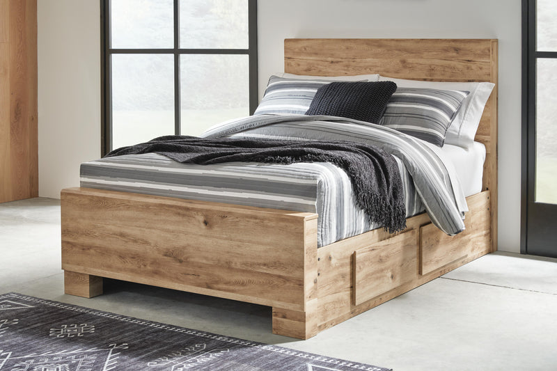 Hyanna Full Panel Bed with 1 Side Storage, Dresser, Mirror and Chest in Tan Brown - PKG015365