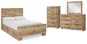 Hyanna Full Panel Bed with 1 Side Storage, Dresser, Mirror and Chest in Tan Brown - PKG015365
