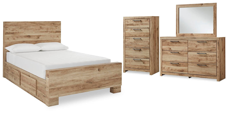 Hyanna Full Panel Bed with 1 Side Storage, Dresser, Mirror and Chest in Tan Brown - PKG015365