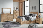 Hyanna Full Panel Bed with 1 Side Storage, Dresser, Mirror and Nightstand in Tan Brown - PKG015364