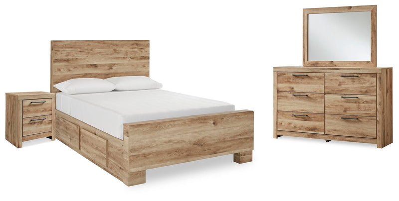 Hyanna Full Panel Bed with 1 Side Storage, Dresser, Mirror and Nightstand in Tan Brown - PKG015364