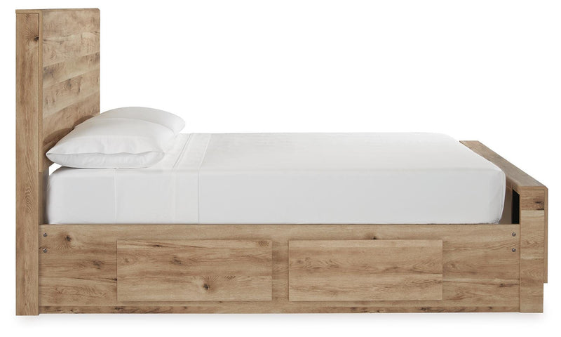 Hyanna Full Panel Bed with 1 Side Storage, Dresser, Mirror and Nightstand in Tan Brown - PKG015364