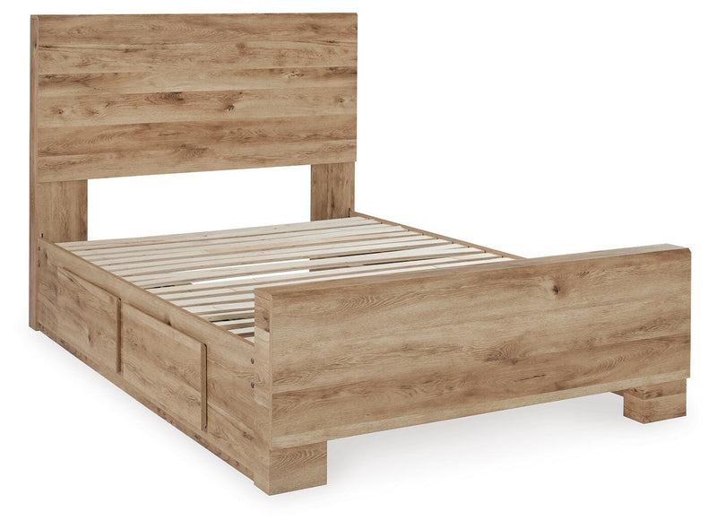 Hyanna Full Panel Bed with 1 Side Storage, Dresser, Mirror and Nightstand in Tan Brown - PKG015364