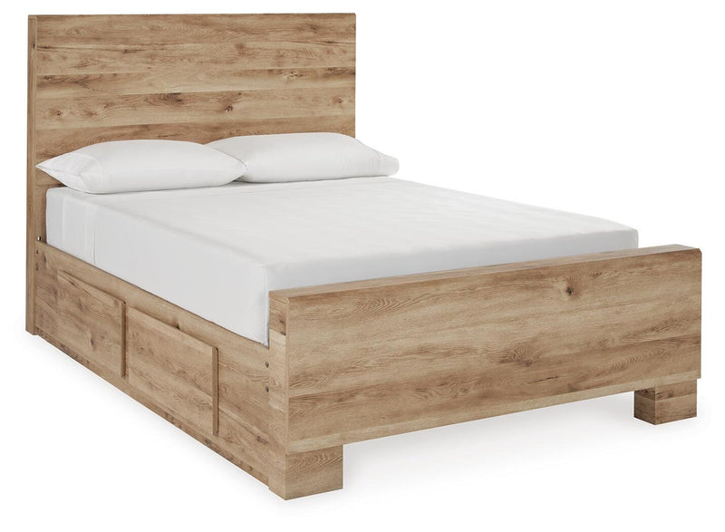 Hyanna Full Panel Bed with 1 Side Storage, Dresser, Mirror, Chest and 2 Nightstands in Tan Brown - PKG015363