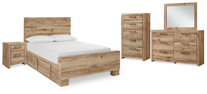 Hyanna Full Panel Bed with 1 Side Storage, Dresser, Mirror, Chest and Nightstand in Tan Brown - PKG015366