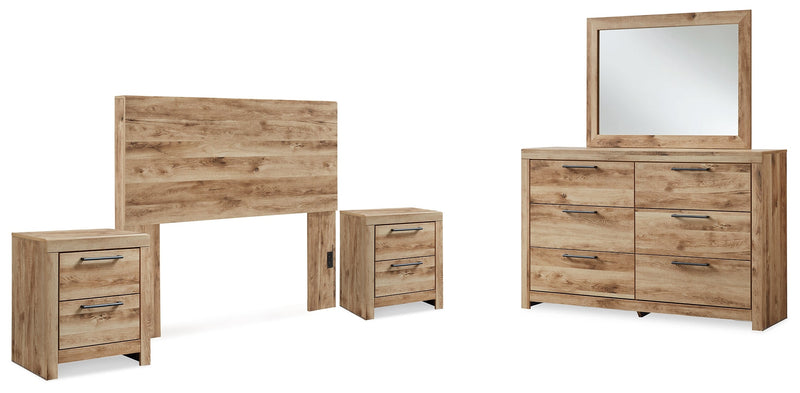 Hyanna Full Panel Headboard with Mirrored Dresser and 2 Nightstands in Tan Brown - PKG015278