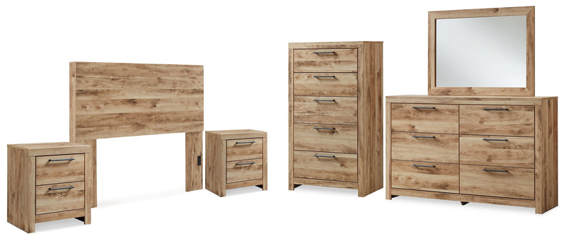 Hyanna Full Panel Headboard with Mirrored Dresser, Chest and 2 Nightstands in Tan Brown - PKG015279