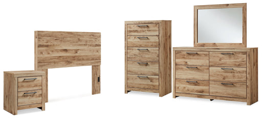 Hyanna Full Panel Headboard with Mirrored Dresser, Chest and Nightstand in Tan Brown - PKG015282