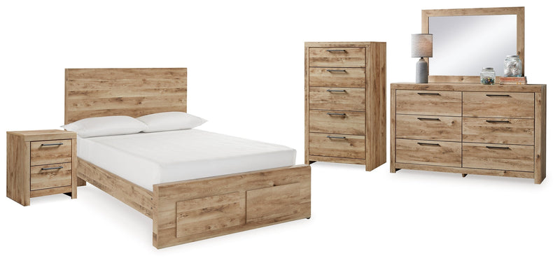 Hyanna Full Panel Storage Bed with Mirrored Dresser, Chest and Nightstand in Tan Brown - PKG015384