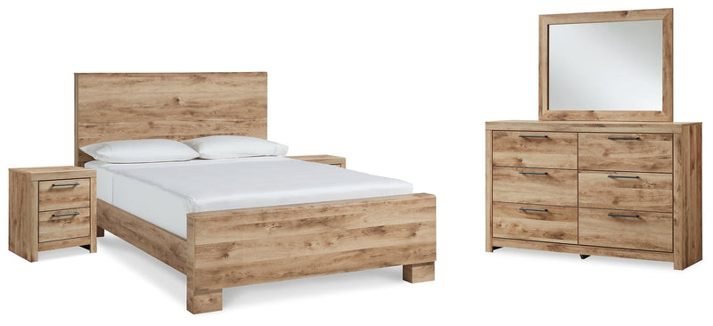Hyanna King Panel Bed with Mirrored Dresser and 2 Nightstands in Tan Brown - PKG015320
