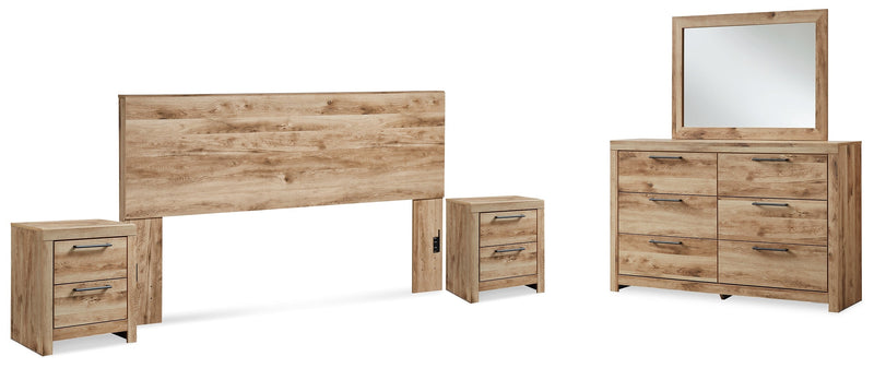 Hyanna King Panel Headboard with Mirrored Dresser and 2 Nightstands in Tan Brown - PKG015290