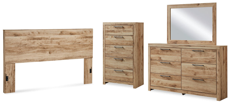 Hyanna King Panel Headboard with Mirrored Dresser and Chest in Tan Brown - PKG015293