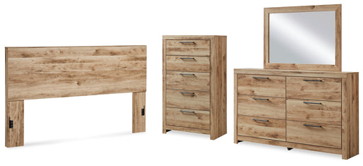 Hyanna King Panel Headboard with Mirrored Dresser and Chest in Tan Brown - PKG015293