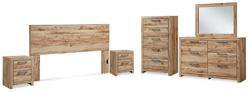 Hyanna King Panel Headboard with Mirrored Dresser, Chest and 2 Nightstands in Tan Brown - PKG015291