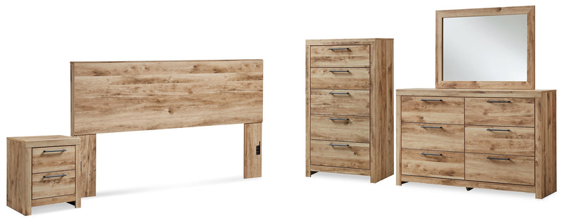 Hyanna King Panel Headboard with Mirrored Dresser, Chest and Nightstand in Tan Brown - PKG015294
