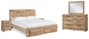 Hyanna King Panel Storage Bed, Dresser, Mirror and 2 Nightstands in Tan Brown - PKG015326