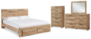 Hyanna King Panel Storage Bed, Dresser, Mirror and Chest in Tan Brown - PKG015329