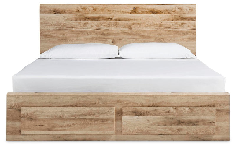 Hyanna King Panel Storage Bed with 1 Under Bed Storage Drawer, Dresser, Mirror and 2 Nightstands in Tan Brown - PKG015332