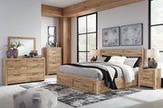 Hyanna King Panel Storage Bed with 1 Under Bed Storage Drawer, Dresser, Mirror and Chest in Tan Brown - PKG015335