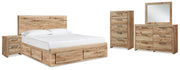 Hyanna King Panel Storage Bed with 1 Under Bed Storage Drawer, Dresser, Mirror, Chest and Nightstand in Tan Brown - PKG015336
