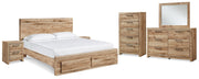 Hyanna King Panel Storage Bed with Mirrored Dresser, Chest and 2 Nightstands in Tan Brown - PKG015327