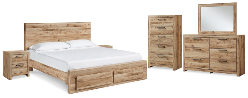 Hyanna King Panel Storage Bed with Mirrored Dresser, Chest and 2 Nightstands in Tan Brown - PKG015327