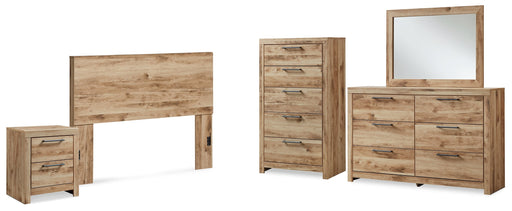 Hyanna Queen Panel Headboard with Mirrored Dresser, Chest and Nightstand in Tan Brown - PKG015288