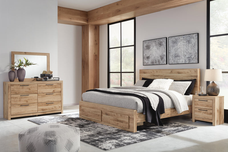 Hyanna Queen Panel Storage Bed, Dresser, Mirror and 2 Nightstands in Tan Brown - PKG015302