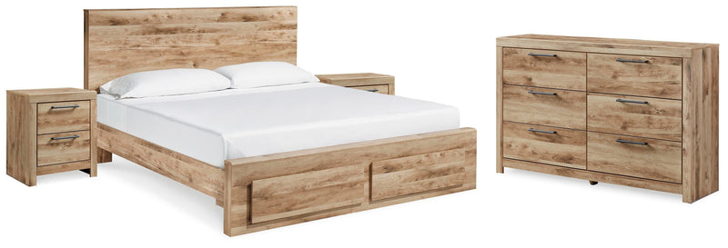 Hyanna Tan Brown King Panel Storage Bed, Dresser and 2 Nightstands - B1050B40