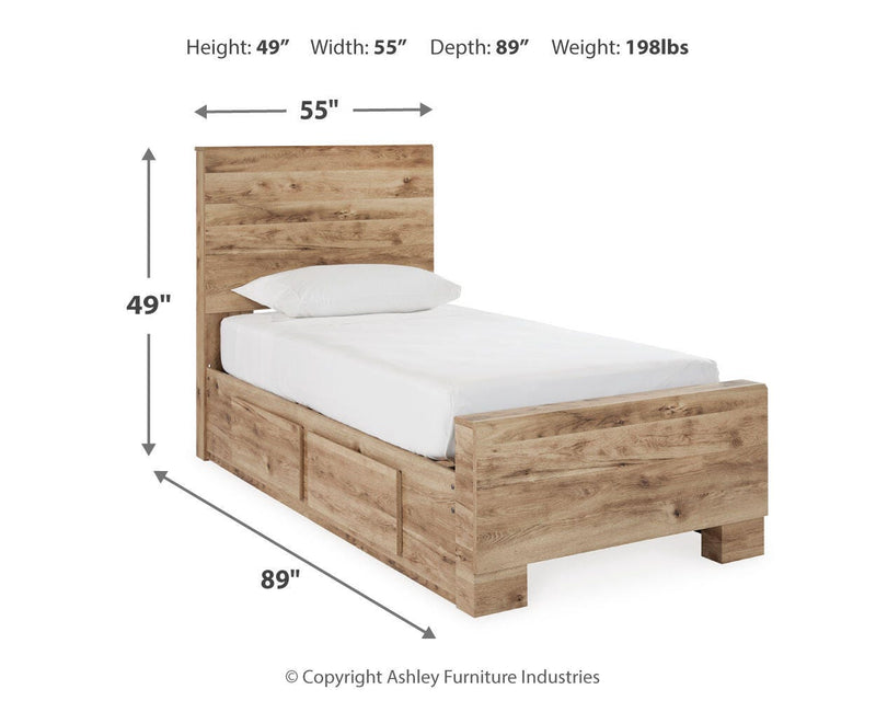 Hyanna Twin Panel Bed with 1 Side Storage, Dresser, Mirror and Chest in Tan Brown - PKG015359