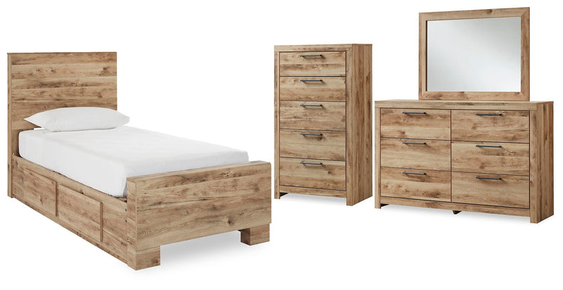 Hyanna Twin Panel Bed with 1 Side Storage, Dresser, Mirror and Chest in Tan Brown - PKG015359