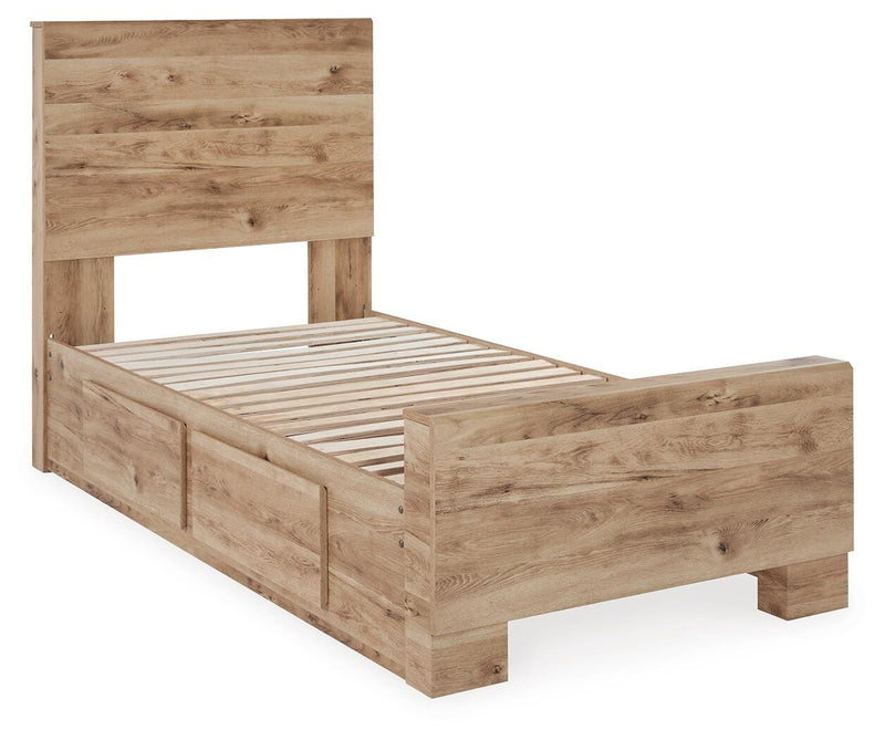 Hyanna Twin Panel Bed with 1 Side Storage, Dresser, Mirror and Chest in Tan Brown - PKG015359