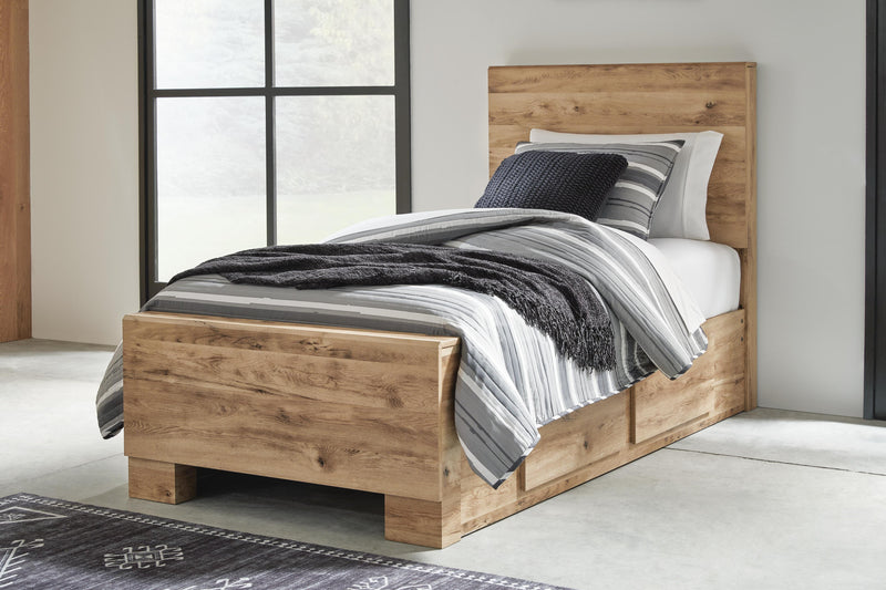 Hyanna Twin Panel Bed with 1 Side Storage, Dresser, Mirror and Nightstand in Tan Brown - PKG015358