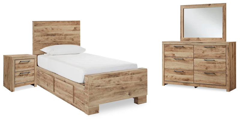 Hyanna Twin Panel Bed with 1 Side Storage, Dresser, Mirror and Nightstand in Tan Brown - PKG015358