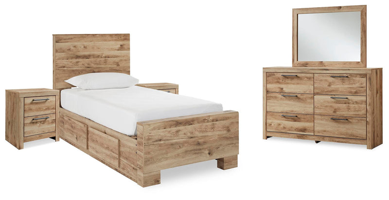 Hyanna Twin Panel Bed with 2 Side Storage, Dresser, Mirror and 2 Nightstands in Tan Brown - PKG015368