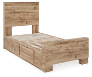 Hyanna Twin Panel Bed with 2 Side Storage, Dresser, Mirror and 2 Nightstands in Tan Brown - PKG015368