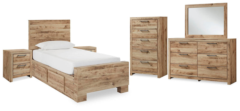 Hyanna Twin Panel Bed with 2 Side Storage, Dresser, Mirror, Chest and 2 Nightstands in Tan Brown - PKG015369