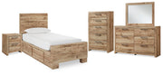 Hyanna Twin Panel Bed with 2 Side Storage, Dresser, Mirror, Chest and Nightstand in Tan Brown - PKG015372