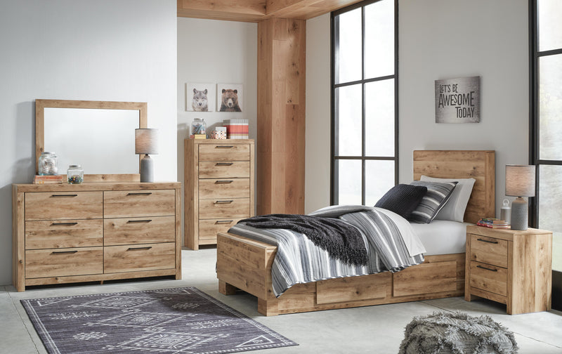 Hyanna Twin Panel Bed with 2 Side Storage, Dresser, Mirror, Chest and Nightstand in Tan Brown - PKG015372