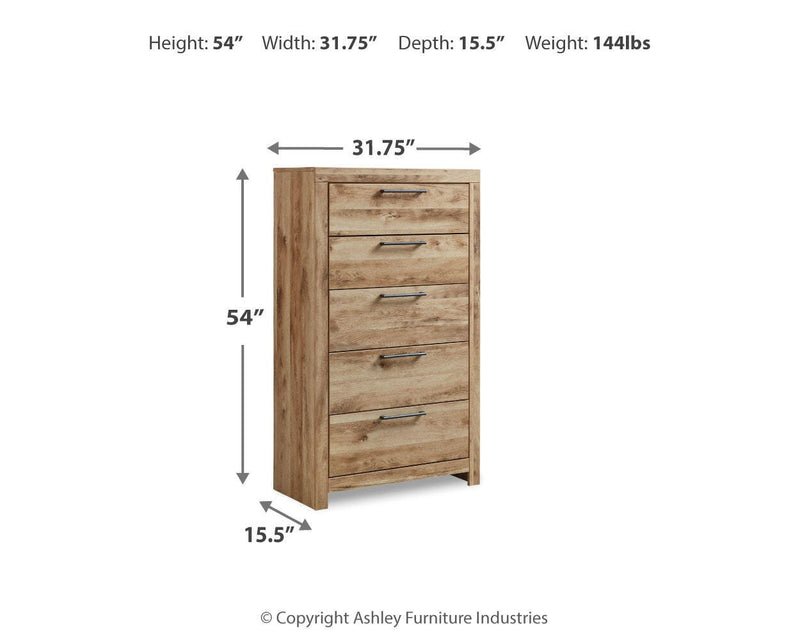 Hyanna Twin Panel Bed with 2 Side Storage, Dresser, Mirror, Chest and Nightstand in Tan Brown - PKG015372