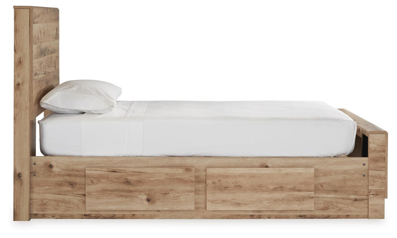 Hyanna Twin Panel Bed with 2 Side Storage, Dresser, Mirror, Chest and Nightstand in Tan Brown - PKG015372
