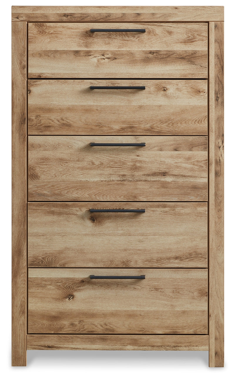 Hyanna Twin Panel Bed with Storage with Mirrored Dresser and Chest in Tan Brown - PKG015371