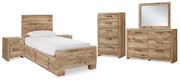 Hyanna Twin Panel Bed with Storage with Mirrored Dresser, Chest and 2 Nightstands in Tan Brown - PKG015357