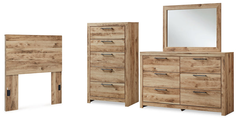 Hyanna Twin Panel Headboard with Mirrored Dresser and Chest in Tan Brown - PKG015275