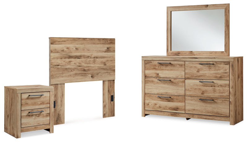 Hyanna Twin Panel Headboard with Mirrored Dresser and Nightstand in Tan Brown - PKG015274