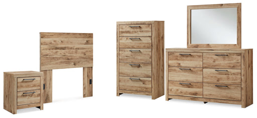 Hyanna Twin Panel Headboard with Mirrored Dresser, Chest and Nightstand in Tan Brown - PKG015276