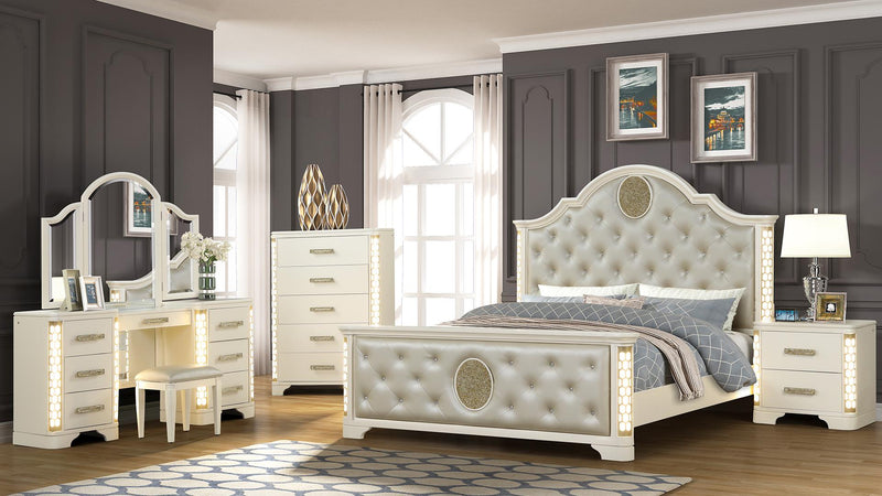 Jasmine Queen 5 Pc Vanity Bedroom Set in Beige - Jasmine Queen 5 Pc Vanity Bedroom Set in Beige