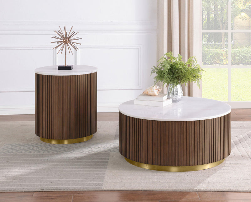 Jason Round White Marble Top Coffee Table Honey Brown - 712418